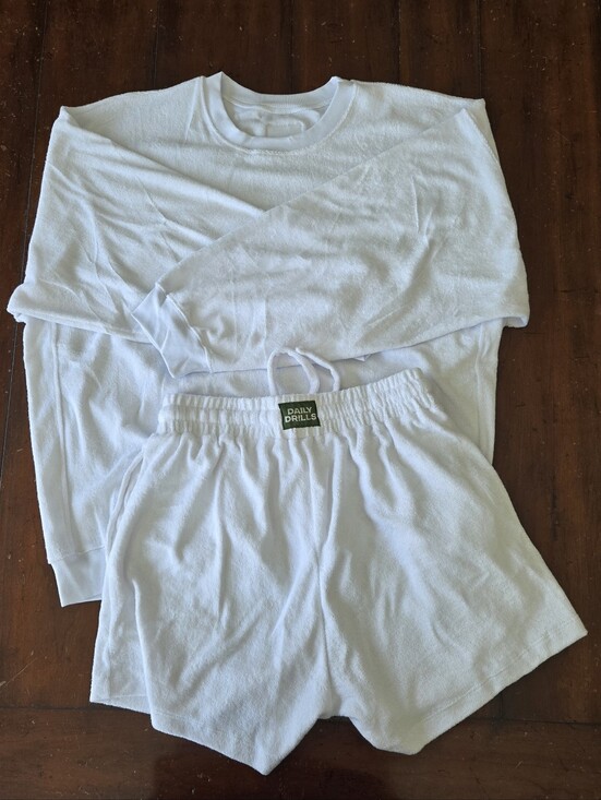 Daily Drills Tops - Daily Drills White Towel Terry Crewneck Sweatshirt And Short Set.
